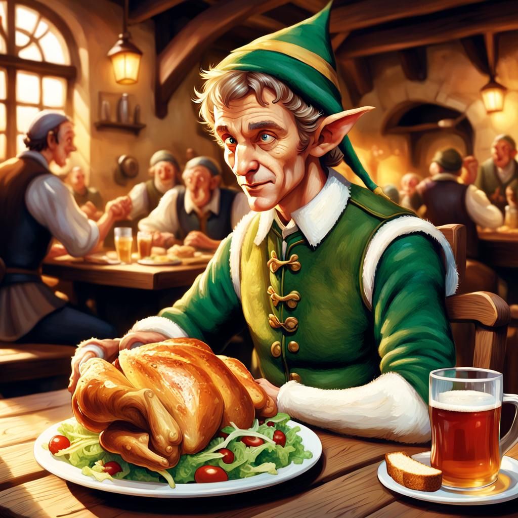 Elf in Tavern with Chicken Legs, Fantasy Illustration