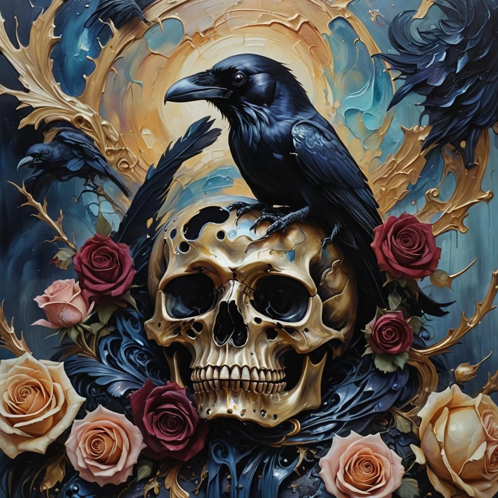 Surreal Raven and Skull in Stained Glass Style
