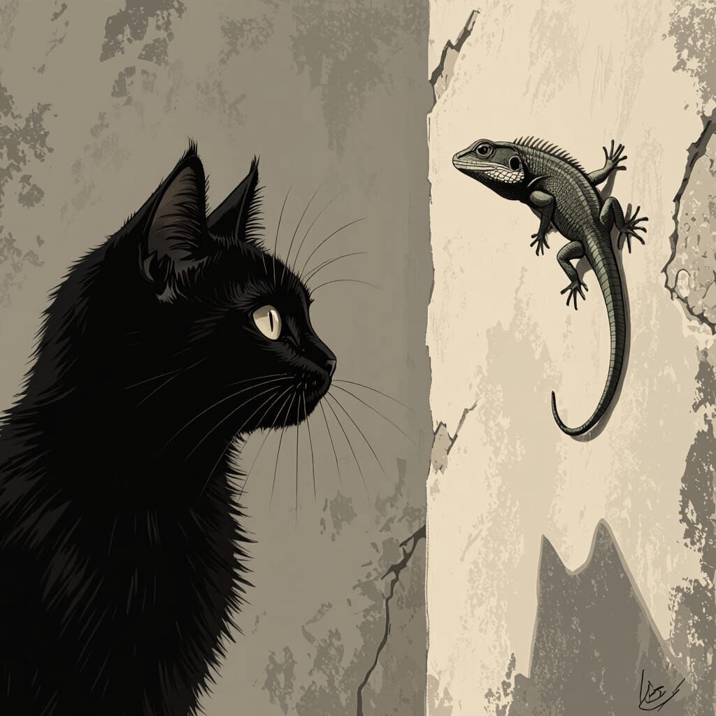 Tense Black Cat Focused on Lizard, Digital Painting