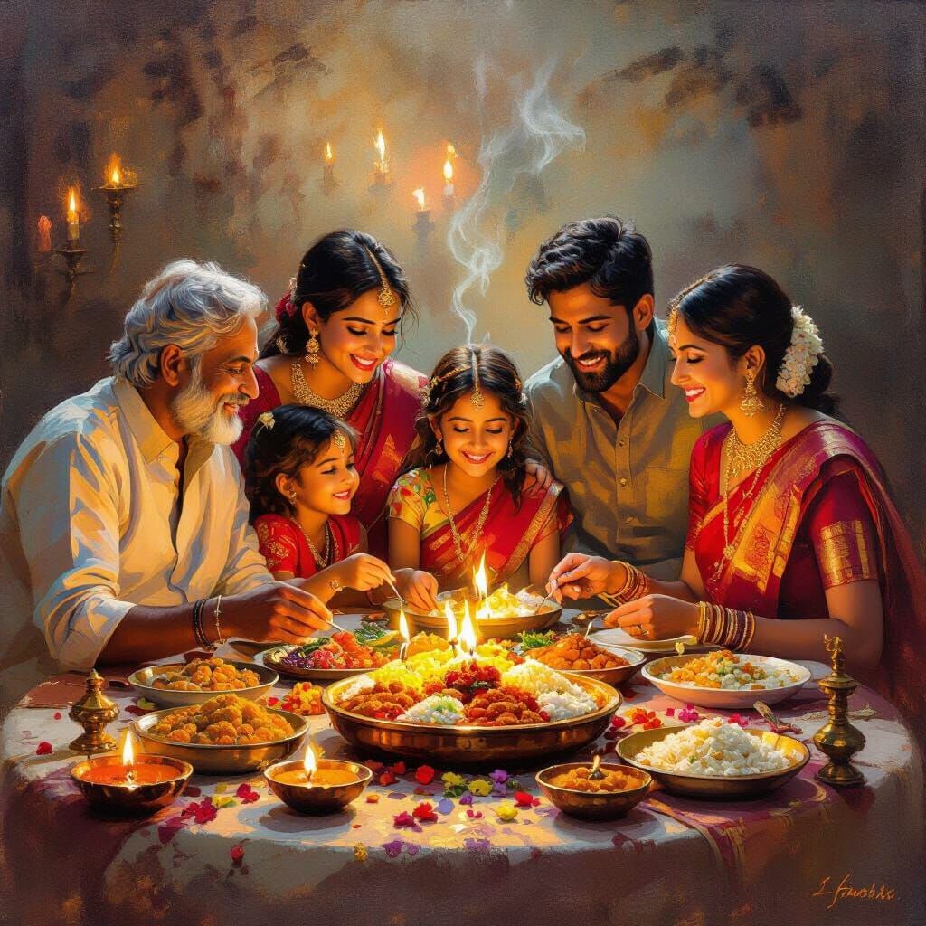 Deepavali Celebration: Family Feast by Candlelight in Oil Pa...