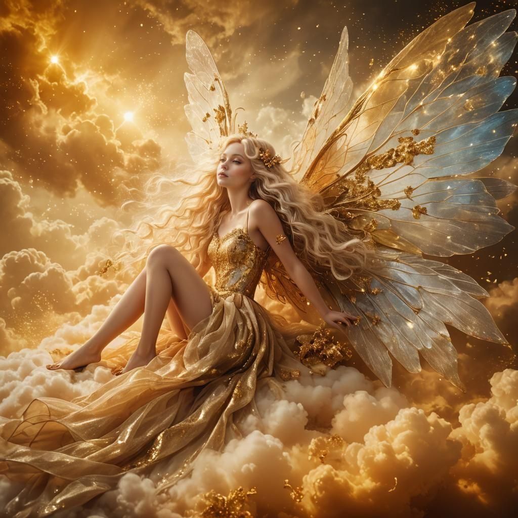 Blonde Fairy on Golden Clouds with Gold Dust