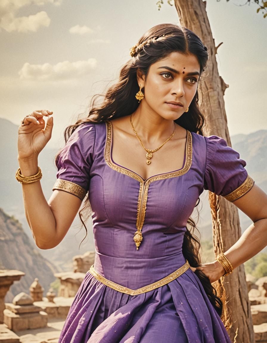 Indian Princess with Long Black Hair in a Vibrant Purple Sar...