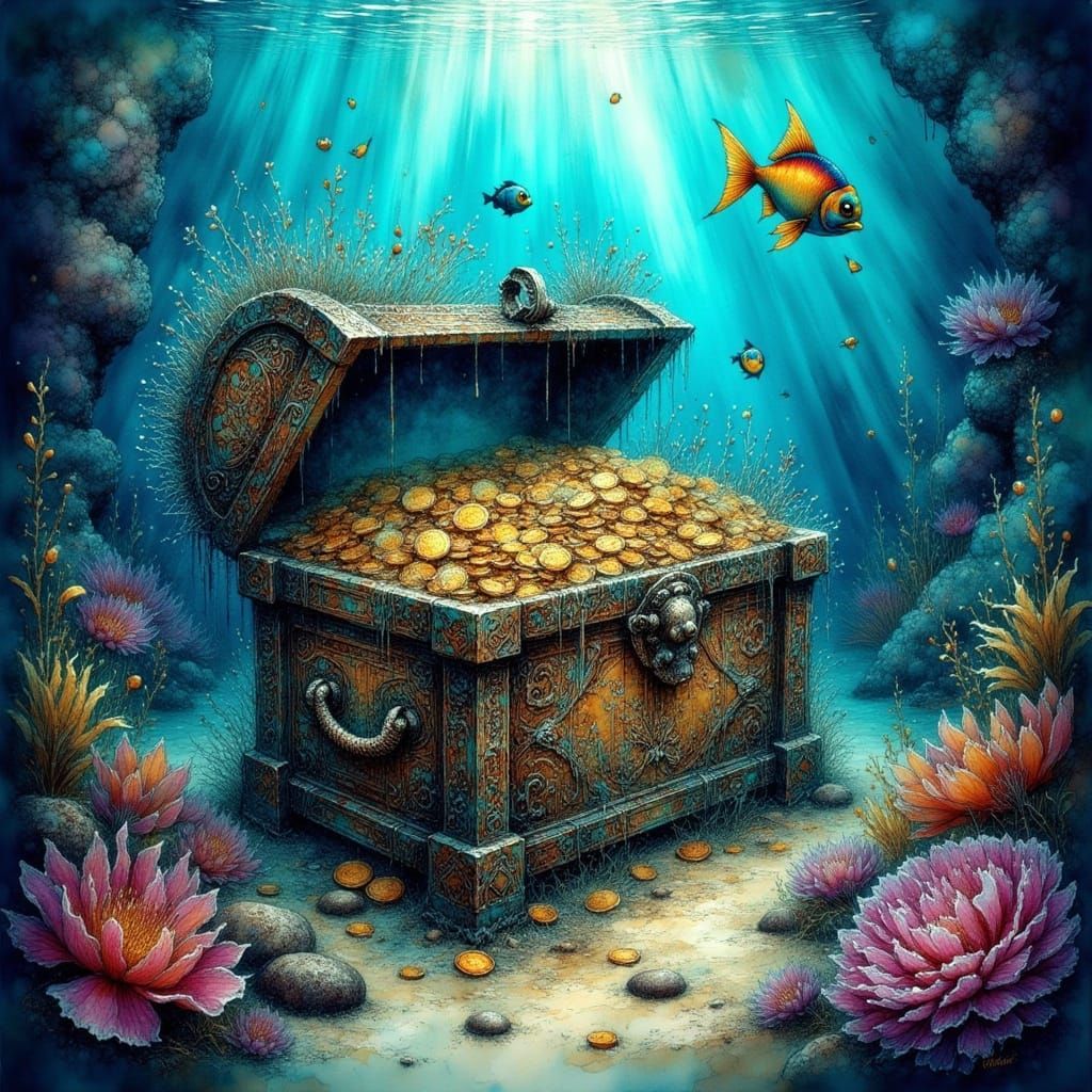 Sunlit Treasure Chest on Ocean Floor