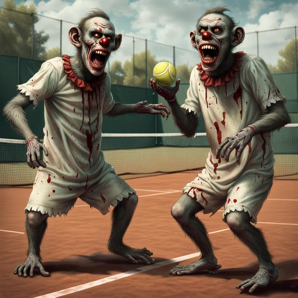 Zombie Monkey Clowns Play Tennis: Horror Art