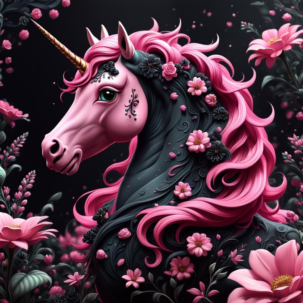 Pink Unicorn with Black Flowers in Cartoon Style