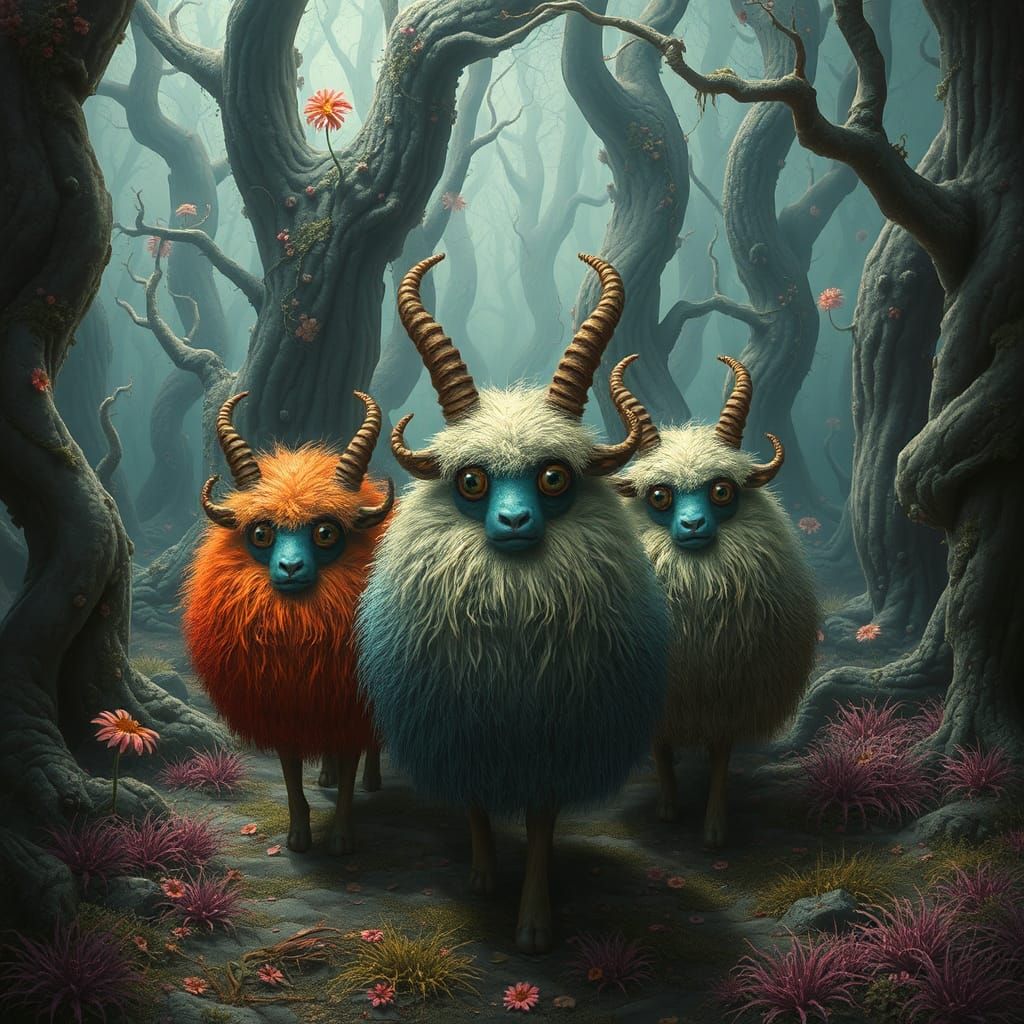 Surreal Woolly Creatures in Dreamlike Forest