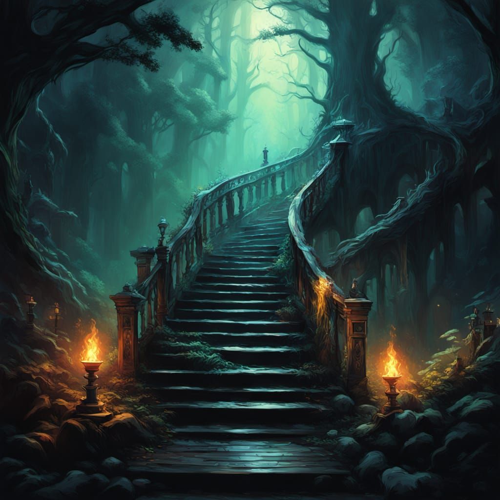 Ethereal Ghost Descends Haunted Staircase in Neon Smoke