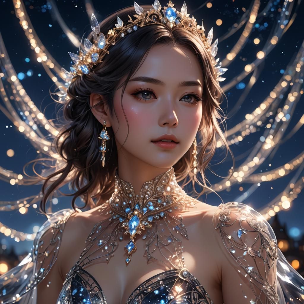 Woman in Glass Dress: Detailed 3D Anime Portrait