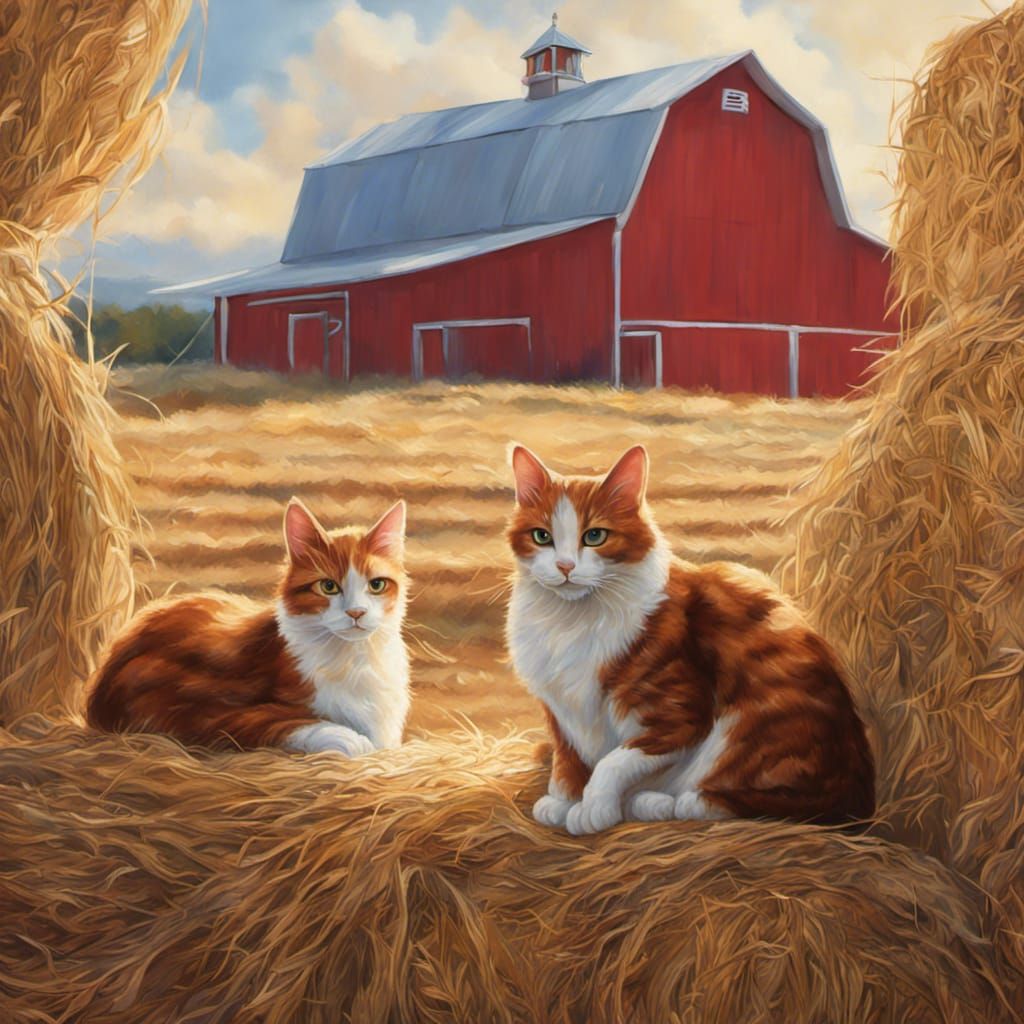 Fall sky red barn calico cats sitting on bale of hay outside...