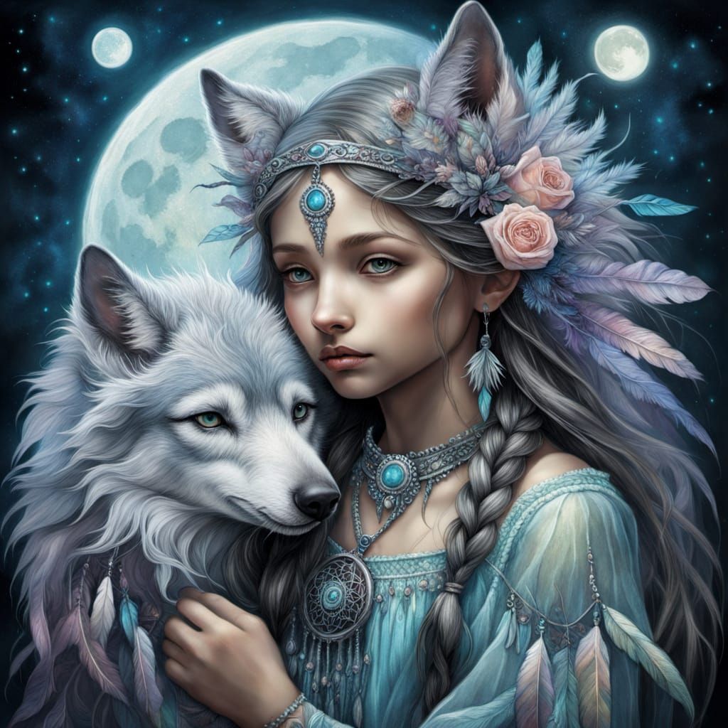 Native American Boy and Wolf Pup Moon Gaze