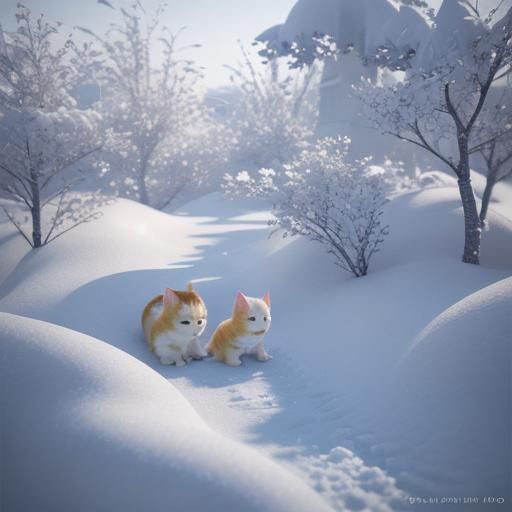 Cute White Kittens in Anime Art Style