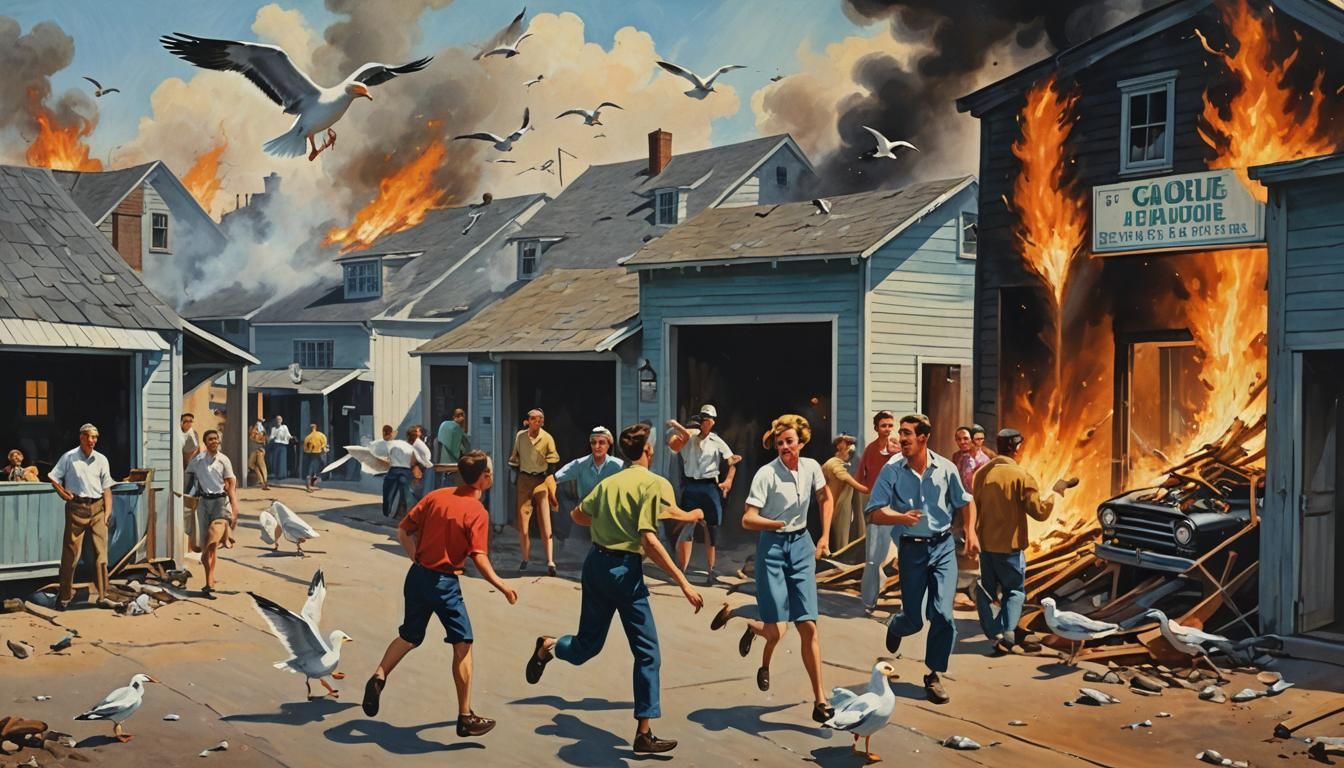 Chaos in a 50s Seaside Town - Gouache Painting of Birds in T...