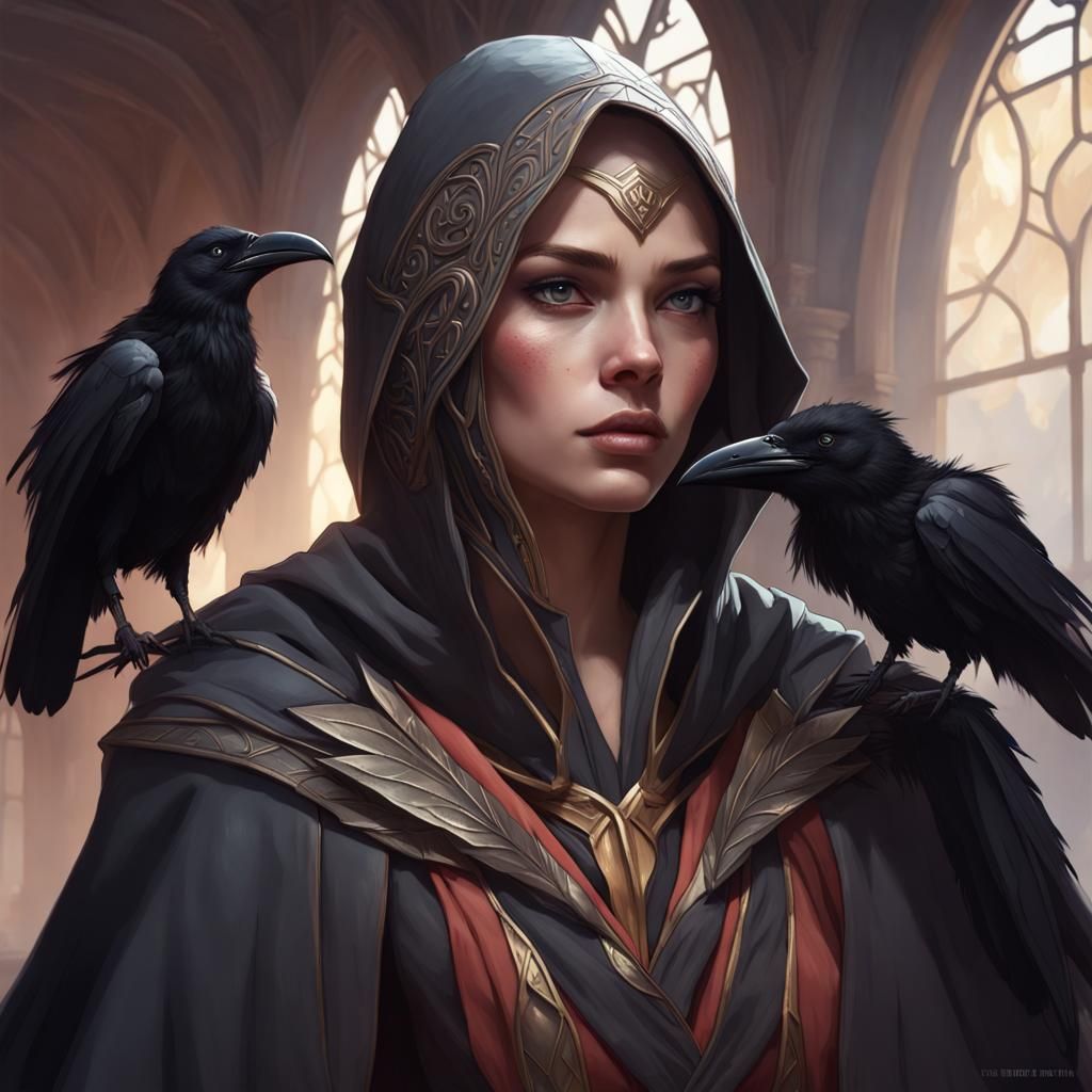 Half-Elf Monk Portrait with Raven Mask