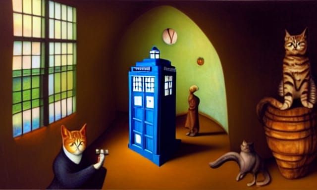 House with TARDIS and Cats in Surreal Style