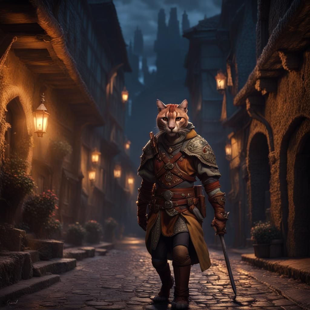 Epic Tabaxi Rogue in Medieval Street: Digital Painting