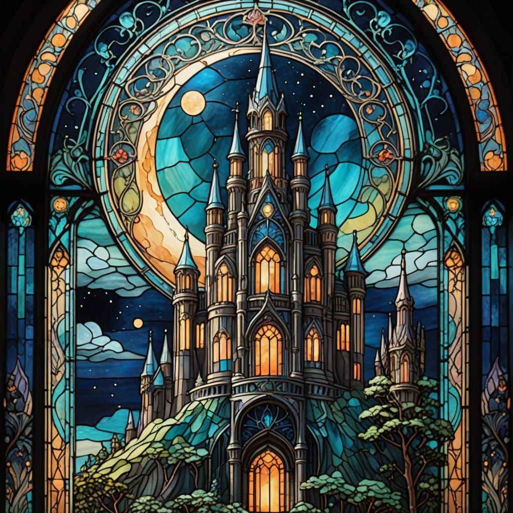 Surreal Art Nouveau Stained Glass Castle Illuminates Lunar S...