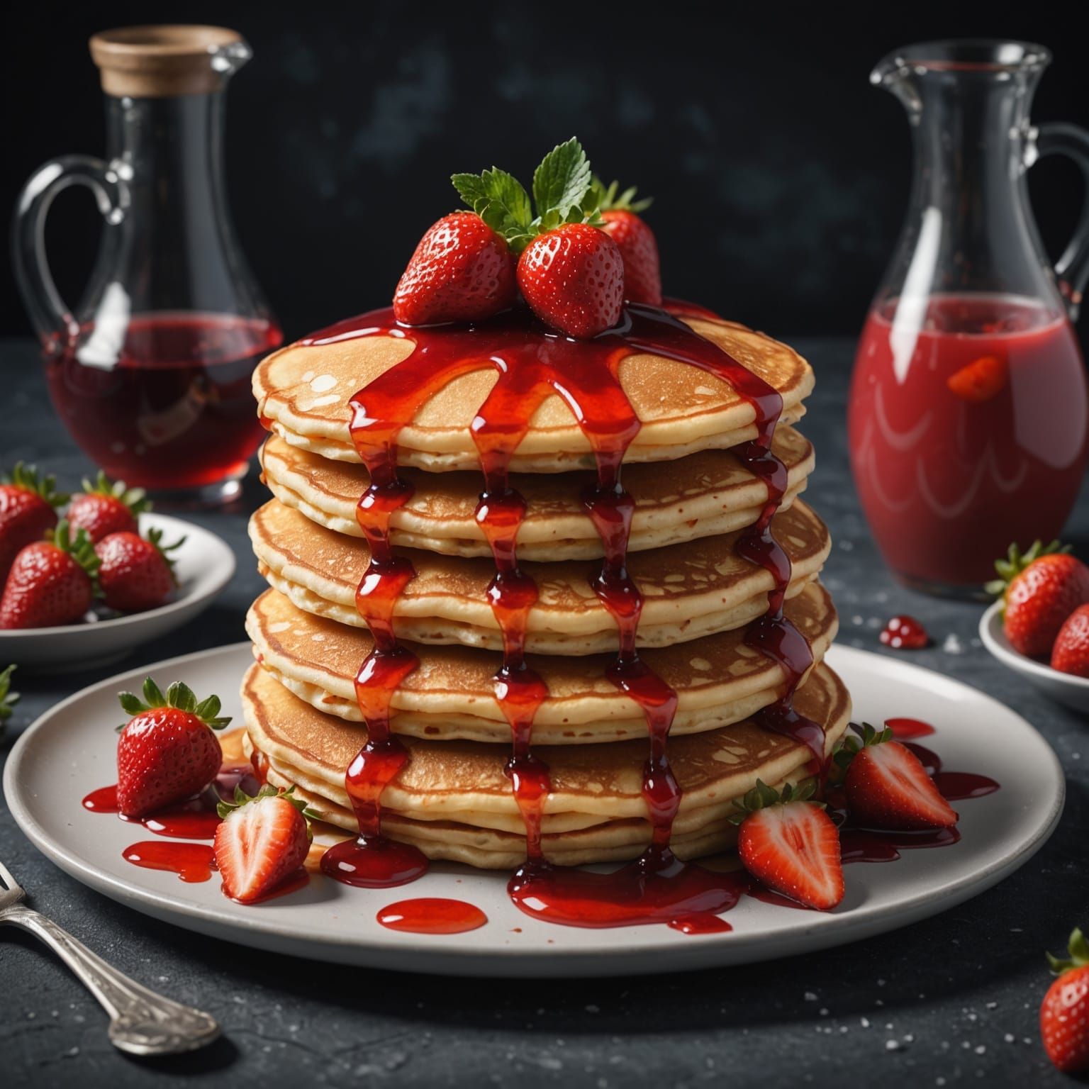 A plate of pancakes with strawberry syrup