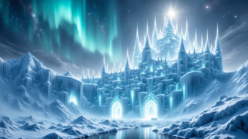 Gargantuan Snow Castle Under Aurora Borealis