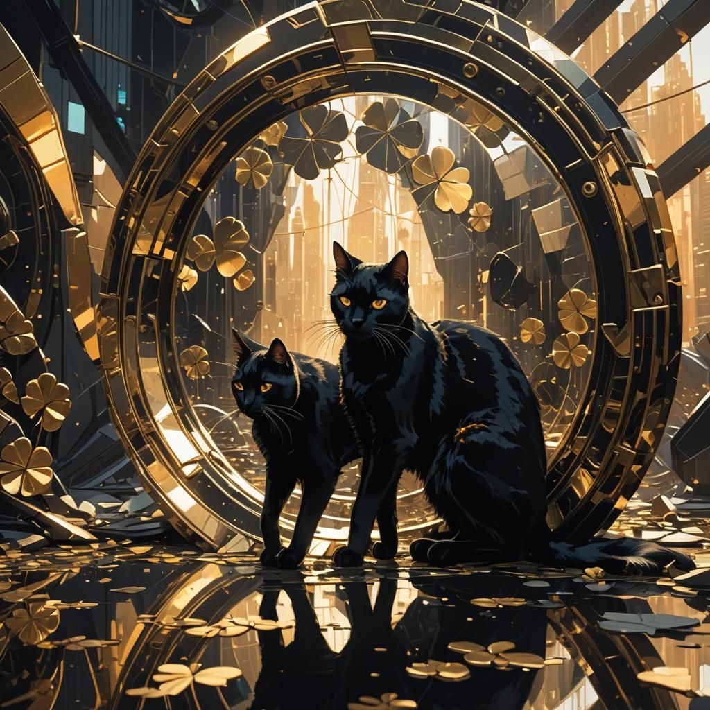Sci-Fi Black Cat in Shattered Clover Mirror