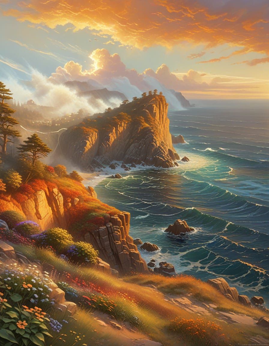 Fantasy Landscape with Waves and Cliffs in Warm Sunset Hues