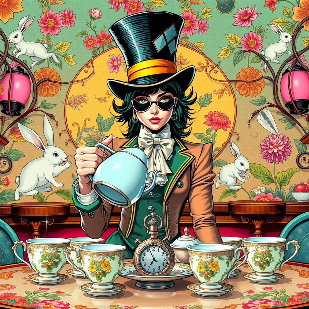 Cyberpunk Mad Hatter in Futuristic Tea Bar