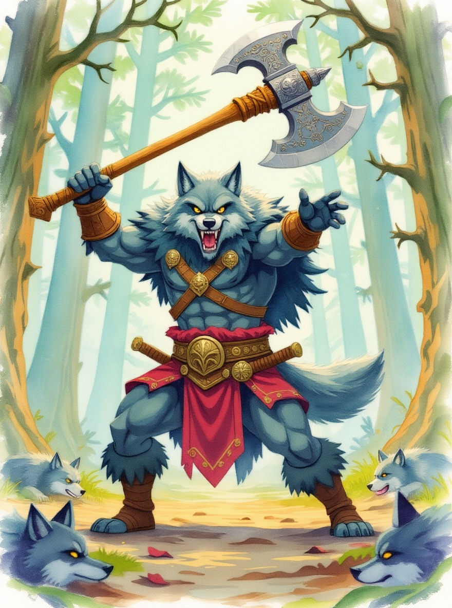Enraged Wolf Barbarian with Axe in Anime Style