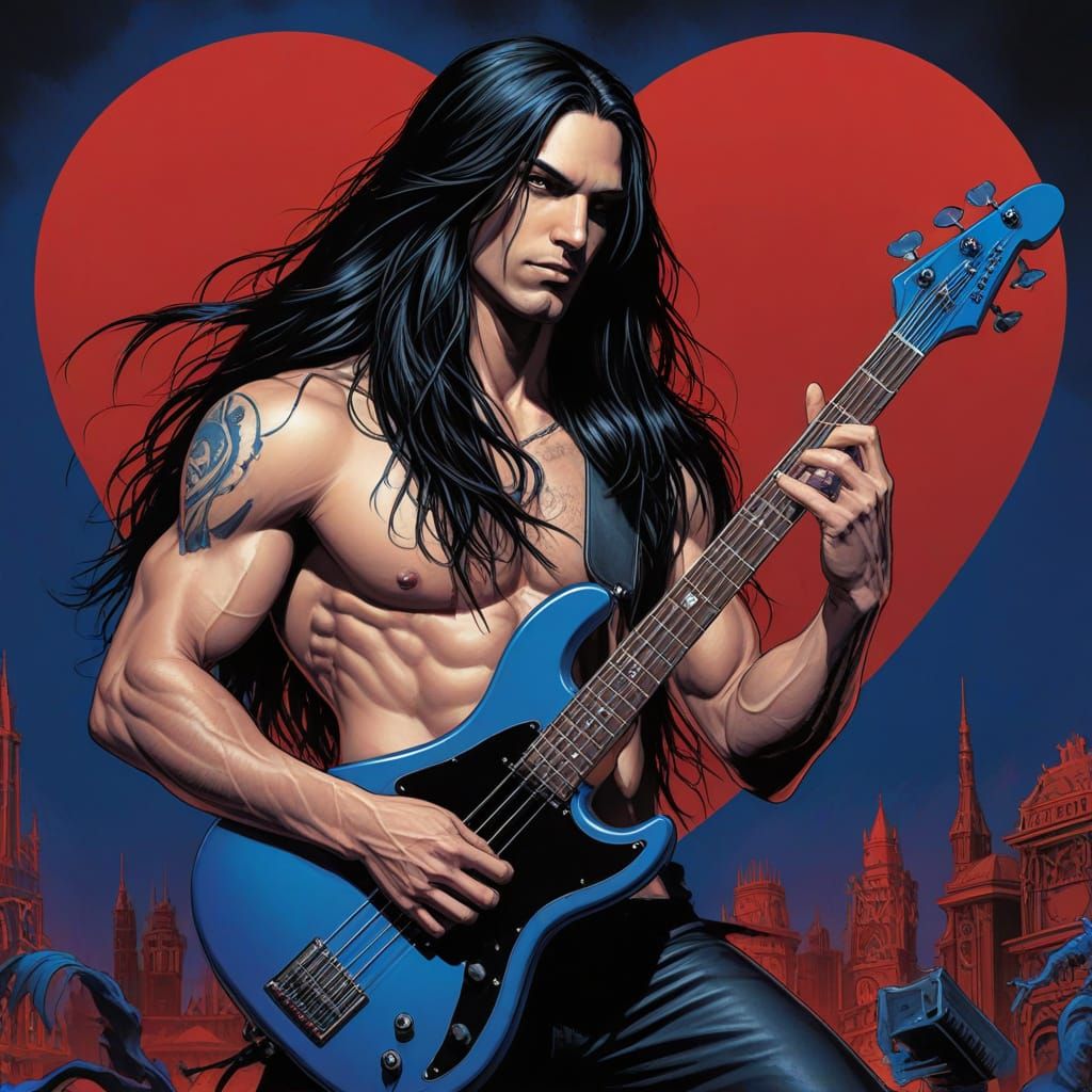 Heavy Metal Musician Plays Bass Against a Vibrant Red Heart
