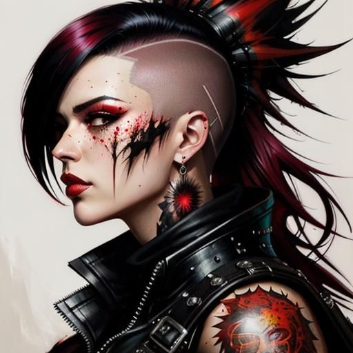 Punk Girl Portrait with Mohawk in Gouache Style