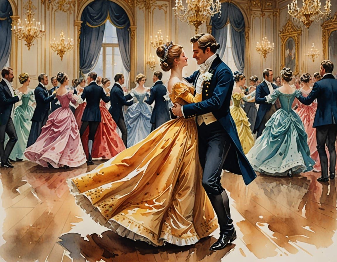 Aristocratic Foxes Waltz in Vienna: Watercolor Art