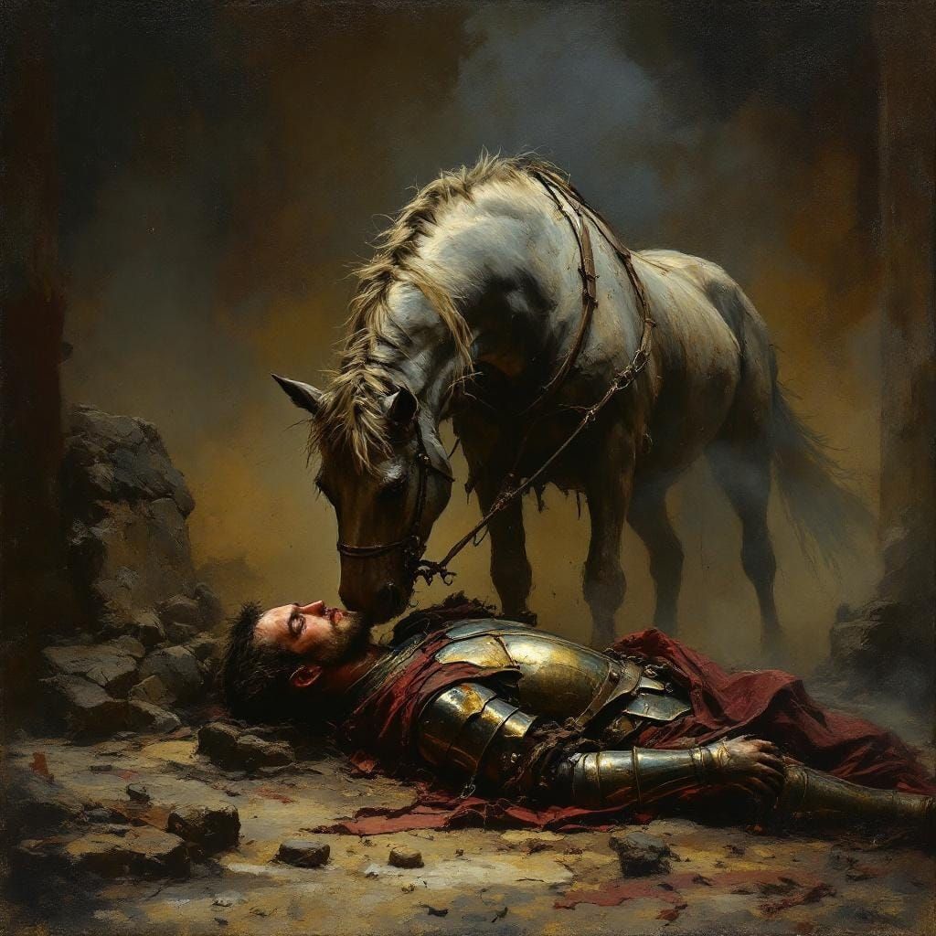 Warhorse and Fallen Knight in Tenebrism Style