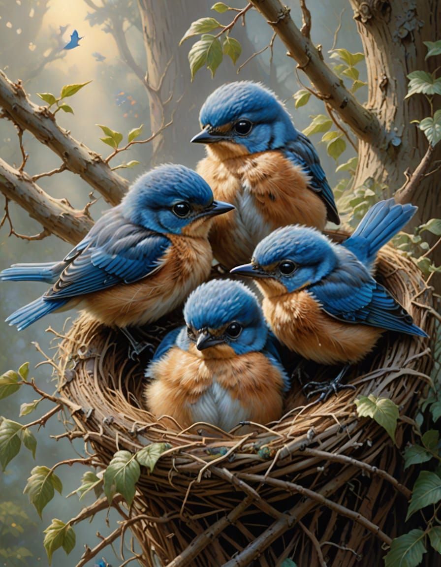 Hyper-Realistic Bluebird Chicks in Ethereal Mist