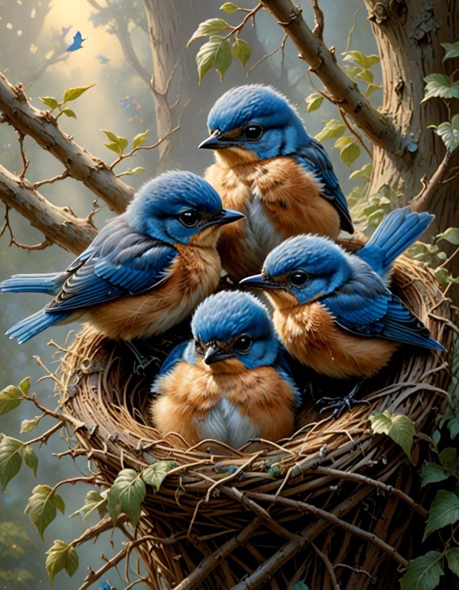 Hyper-Realistic Bluebird Chicks in Ethereal Mist