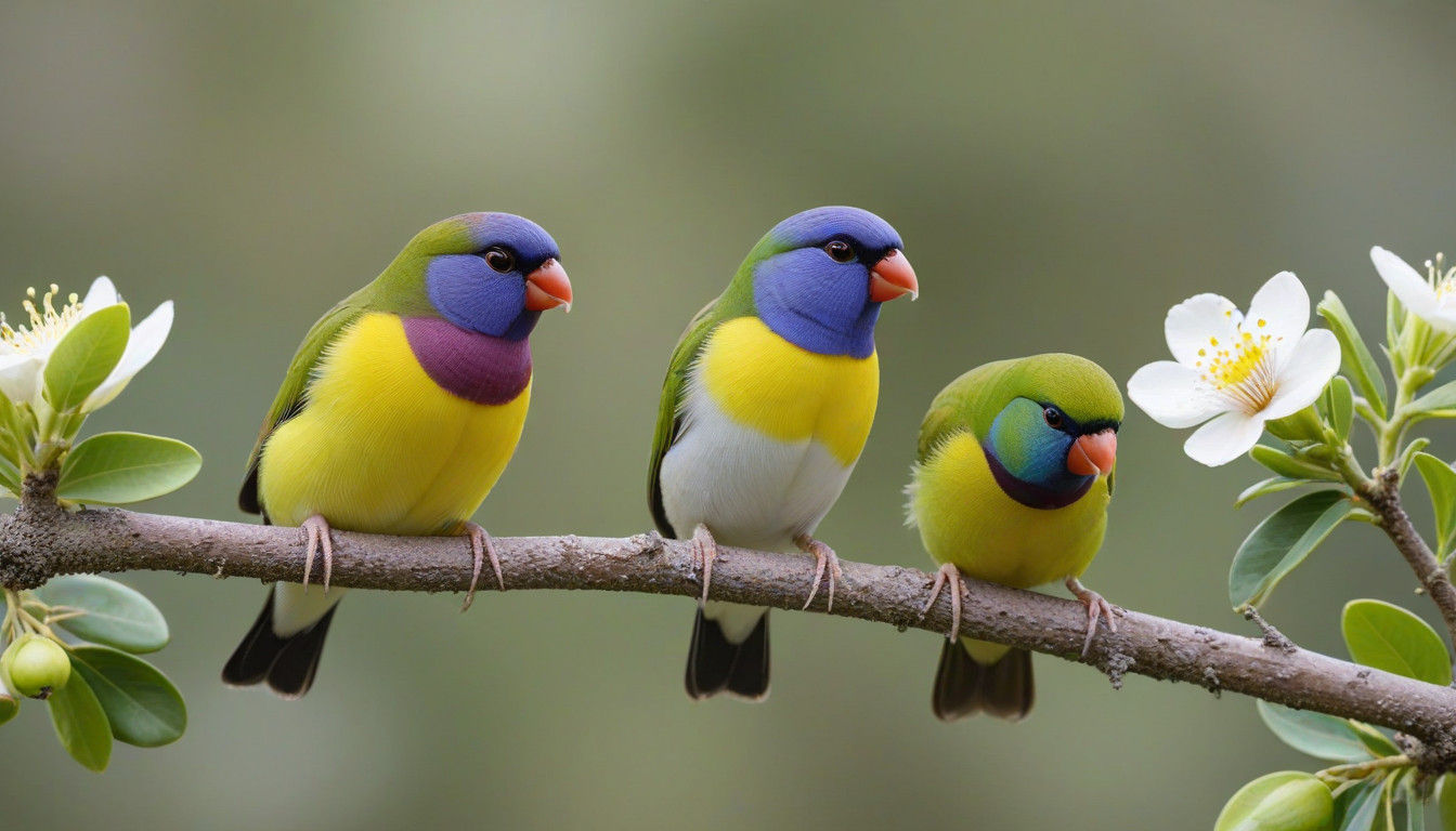 Vibrant Gouldian Finches Perched on Tropical Fruit Branch