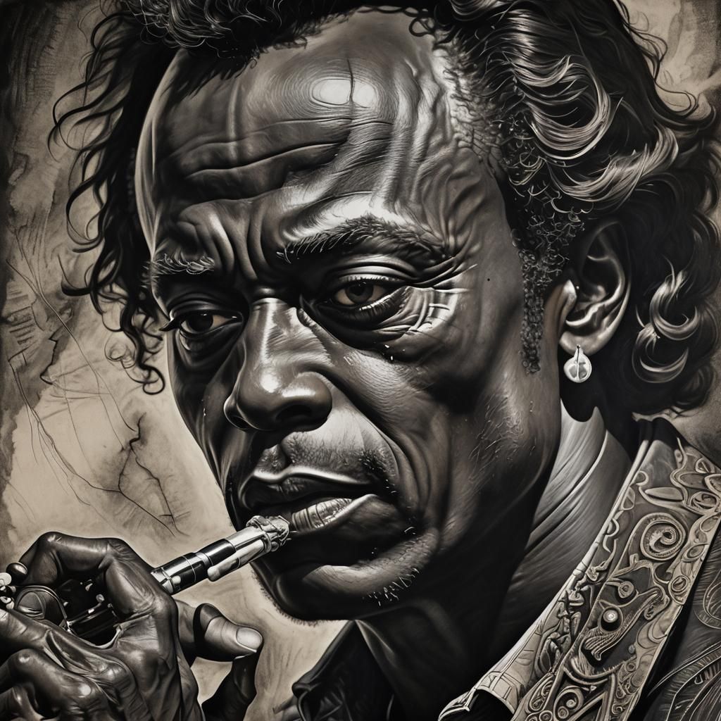 Miles Davis Stone Carving: Dramatic Charcoal Portrait