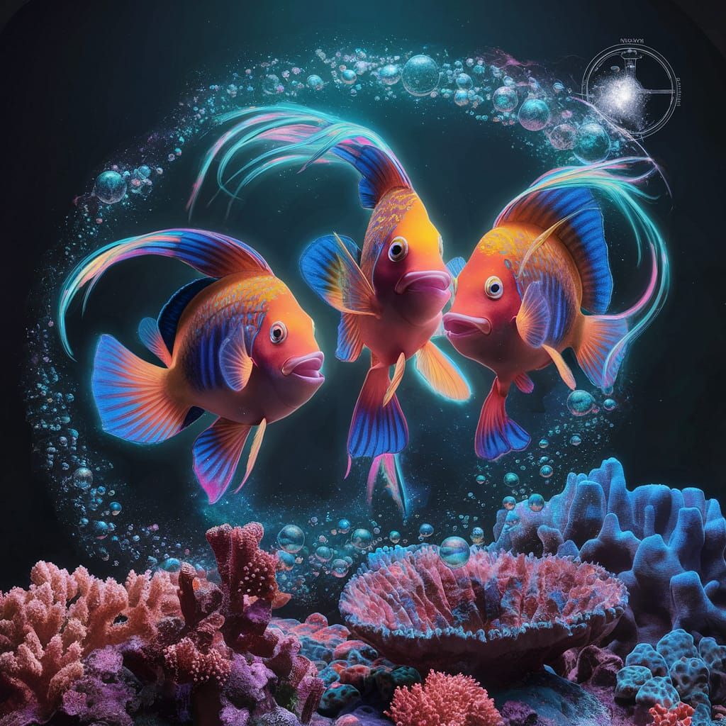 Vibrant Coral Reef Dance in Cosmic Holographic Style