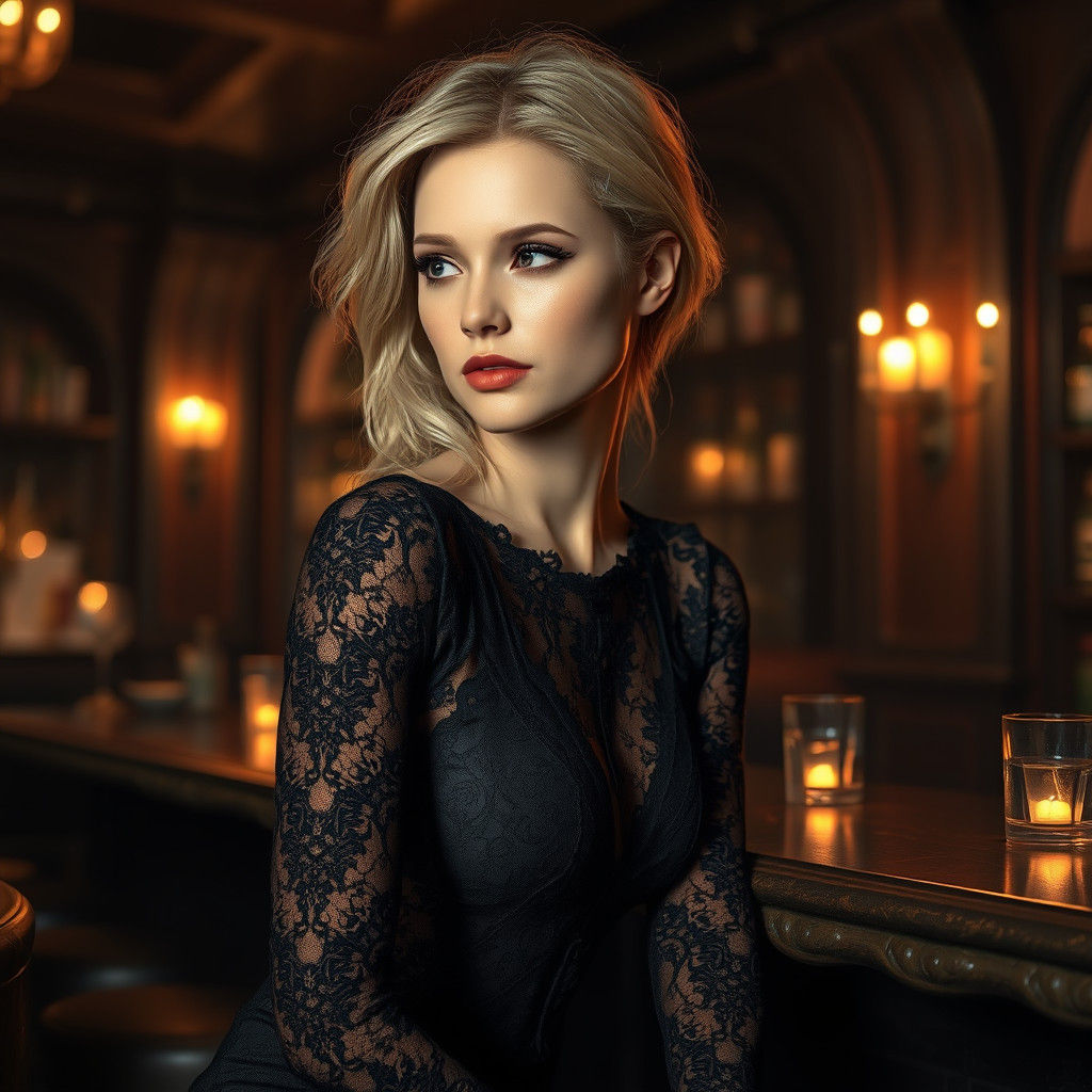 Woman in Lace Dress at Bar, Fantasy Concept Art
