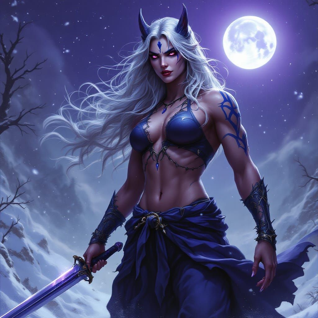 Muscular Half-Demon Lord in Snowy Winter Landscape