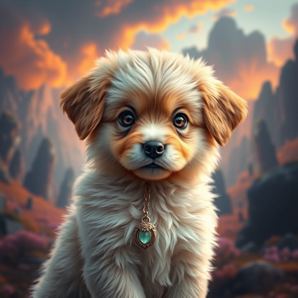 Majestic Puppy in Vibrant Fantasy Landscapes