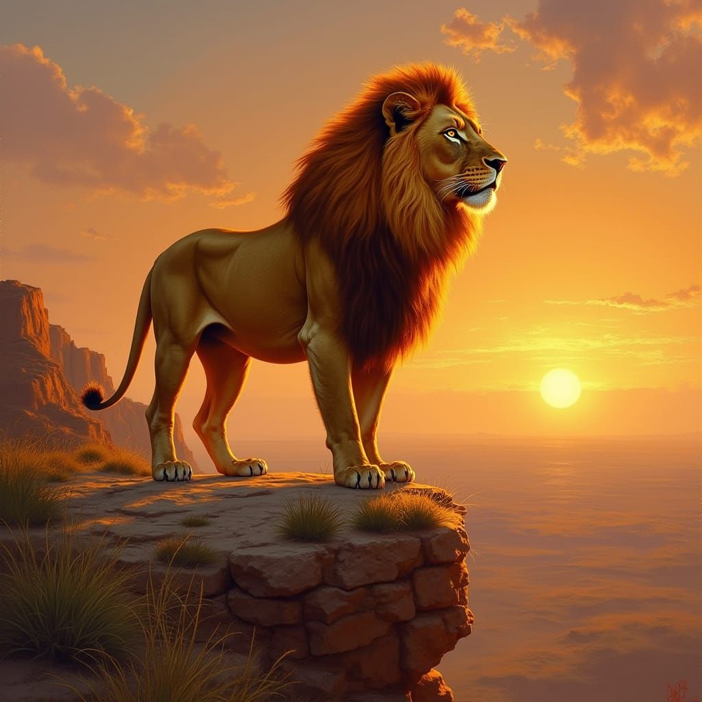 Lion with Fiery Mane in Classical Oil Painting