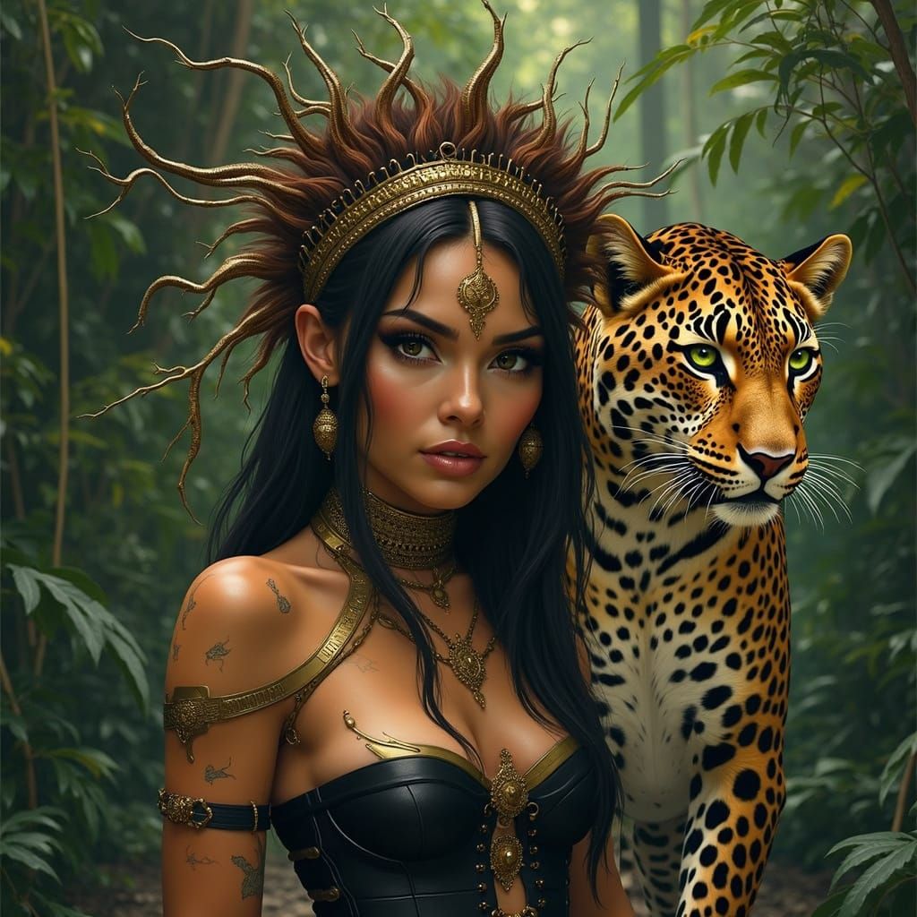 Cyberpunk Jungle Goddess with Majestic Leopard Companion