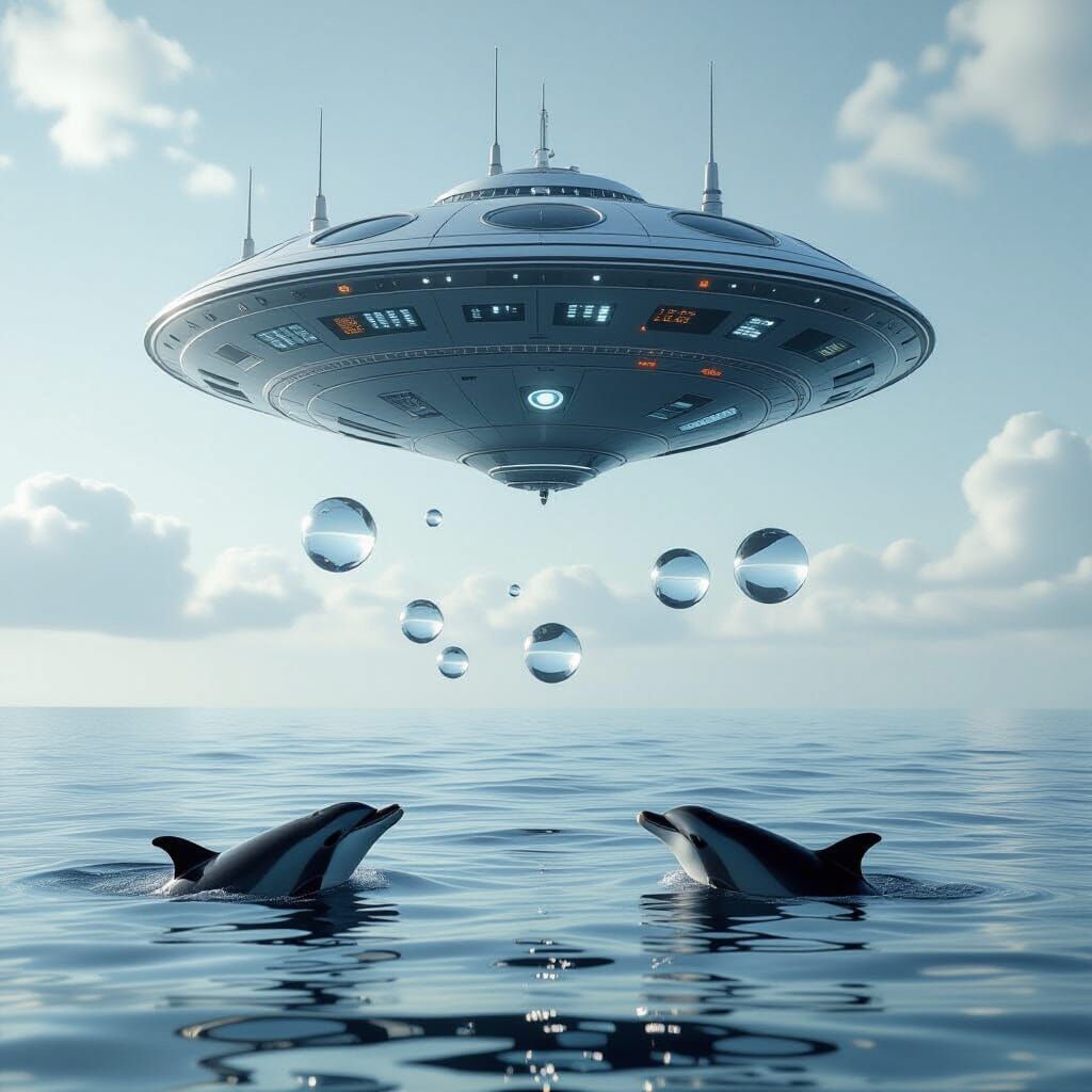 Retro Flying Saucer Over Beach with Dolphins