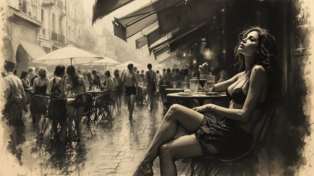 Expressive Parisian Café Scene in Charcoal and Light