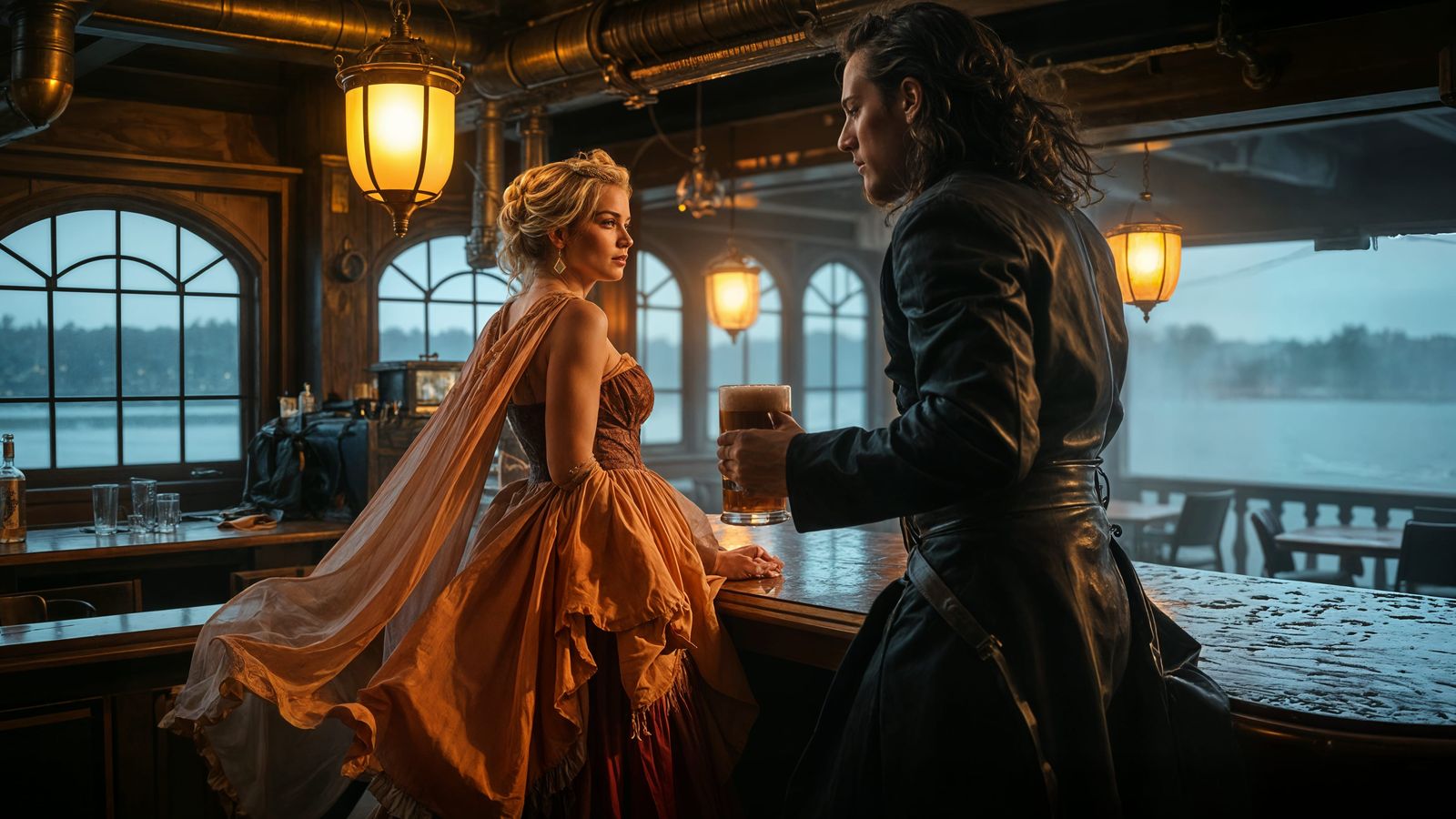 Steampunk Tavern Scene: Serene Bartender Amidst Stormy Night