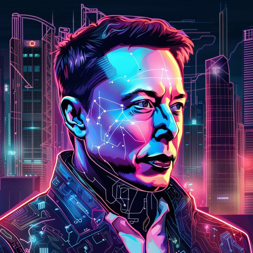 Cyborg Elon Musk in Neon City Portrait