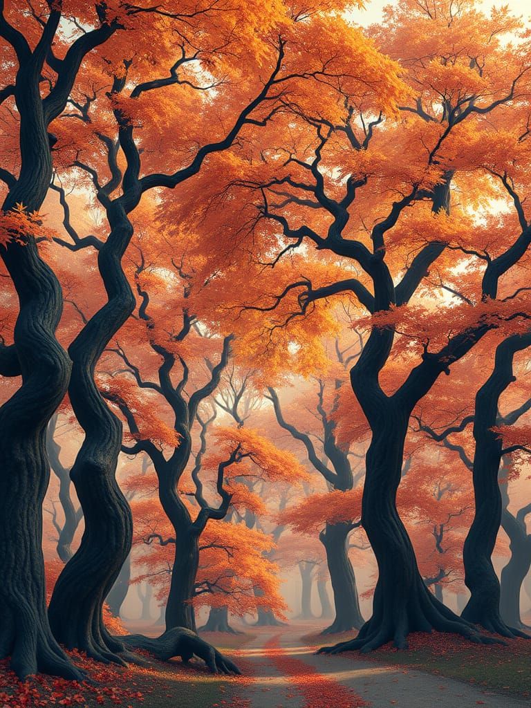 Surreal Autumn Dreamscape with Gnarled Trees and Ethereal Gl...