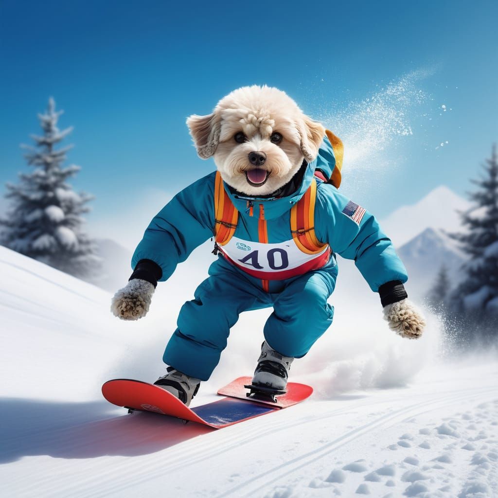 Maltipoo Snowboarder Races to Snowy Finish Line
