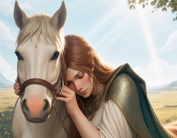 Girl and Horse Resting in Lush Meadow