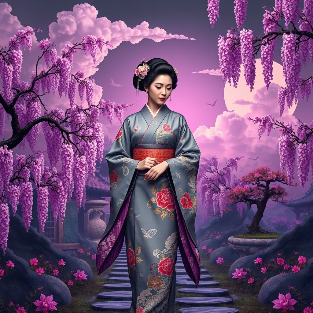 Elegant Lady in a Whimsical Japanese Garden Scene