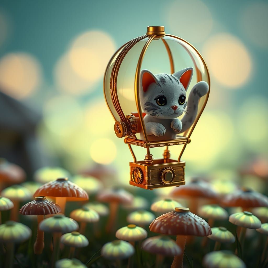 Steampunk Kitten Balloon over Bioluminescent Mushroom Field