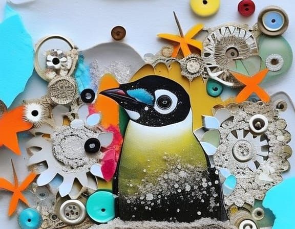 Penguin on Ice: Mixed Media Collage Art